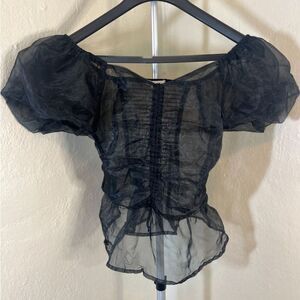 Lucy In The Sky | Black Sheer Smocked Puff Sleeve Crop Top - M